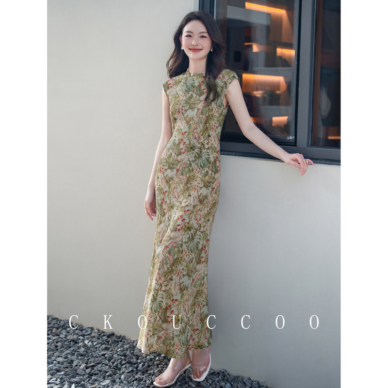 Rongtai Curve Beauty New Chinese Style Improved Cheongsam Single Layer Mulberry Silk Dress Women's Small Floral Silk Fishtail Skirt