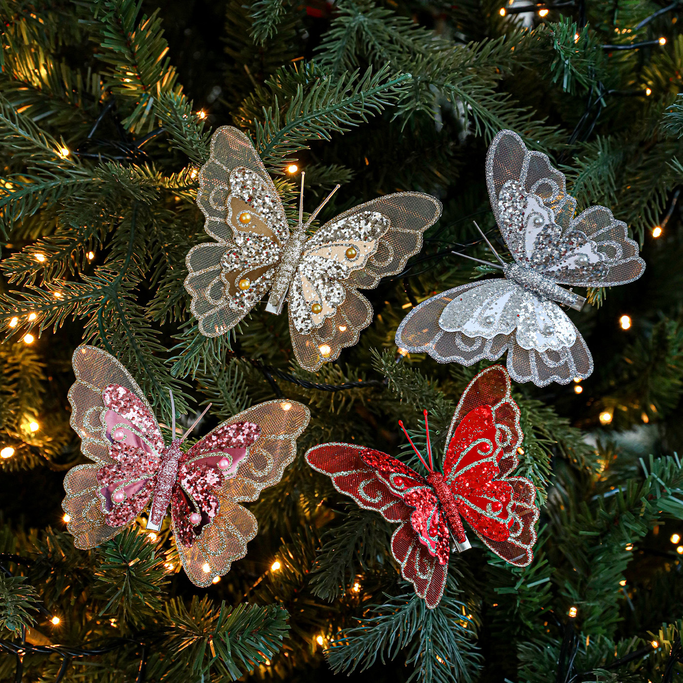 Nuevos productos de decoración de Navidad mariposa árbol de Navidad clip colgante polvo flash de malla de simulación colgante vacío decoración en stock