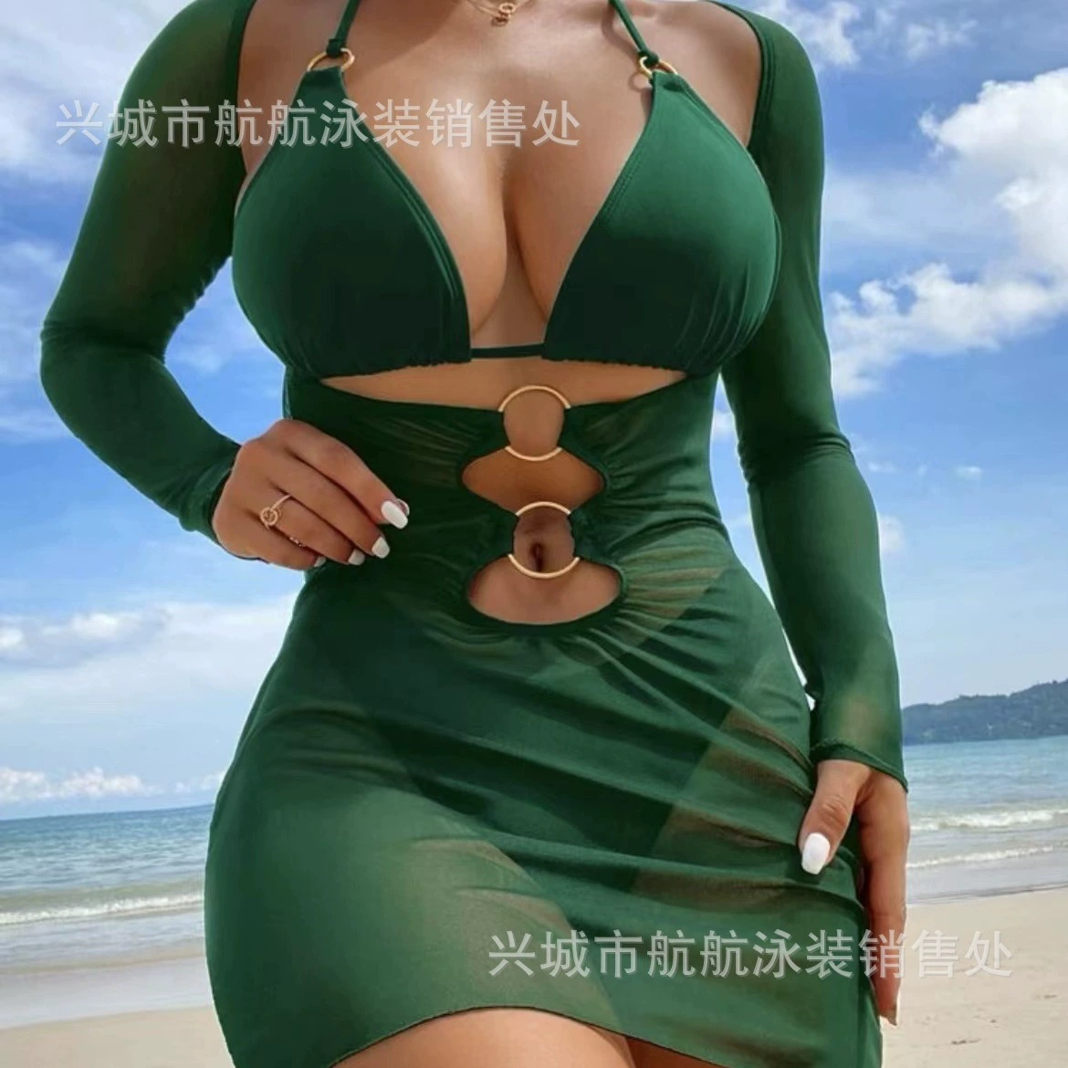 Swimwear, set, sexy multicoloured split long-sleeve, 3 piece set, sun protection, European style, Aliexpress, Amazon