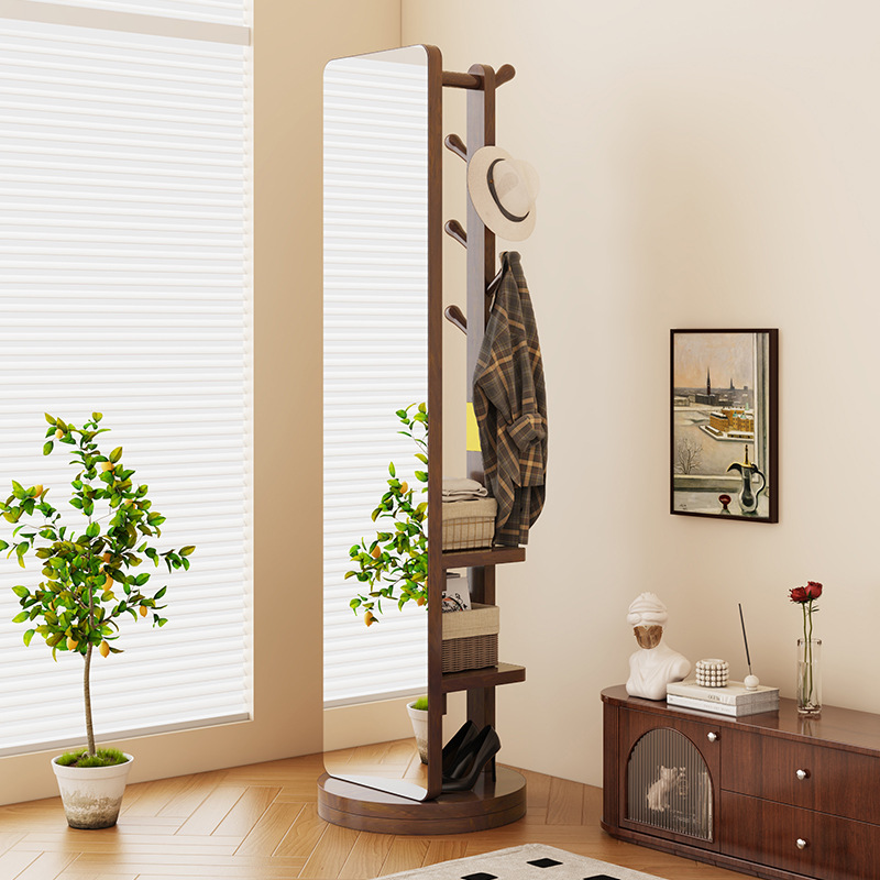 Simple Solid Wood Coat Rack Chinese Style Retro Floor Drying Rack Hanger Shoe Rack Integrated Household Dressing Mirror