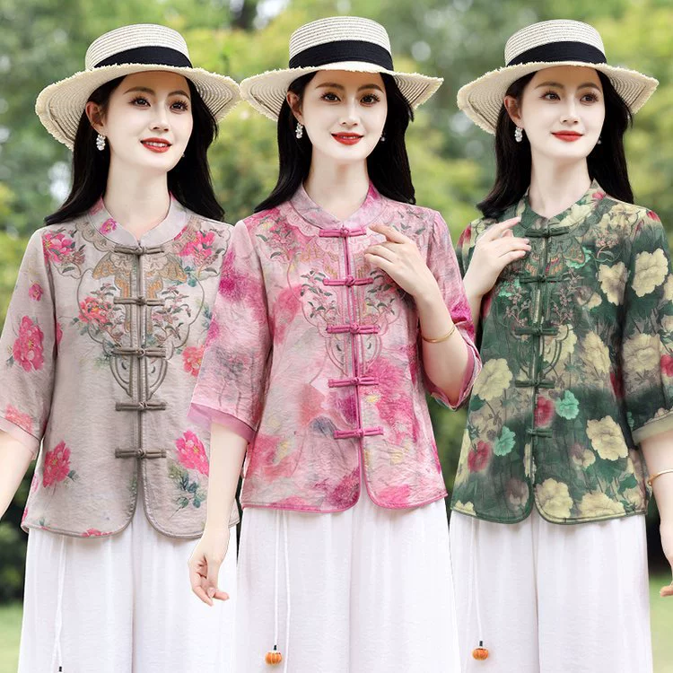 Новая летняя рубашка с вышивкой в ​​китайском стиле для мамы, новинка 2025 года, женский кардиган со средним рукавом в китайском стиле для женщин среднего и пожилого возраста, топ на пуговицах