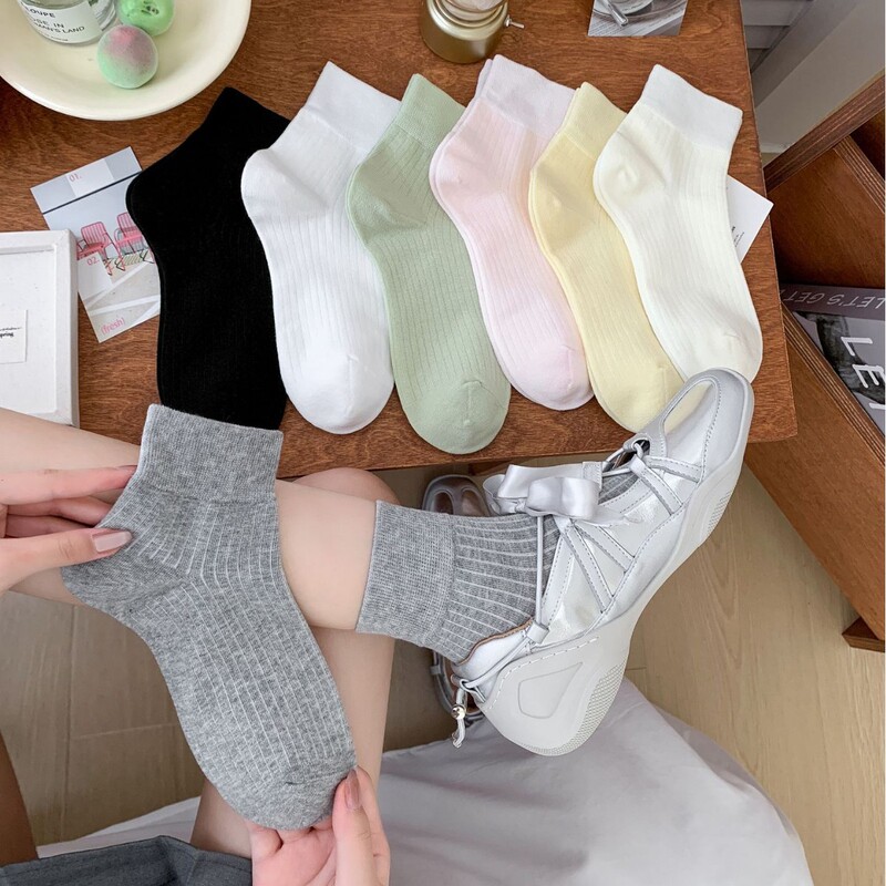 Socks Cotton Women's Spring and Summer Short Socks Solid Color Sweat Absorbing Breathable Simple All-match Vertical Stripe Cotton Socks Boneless Socks