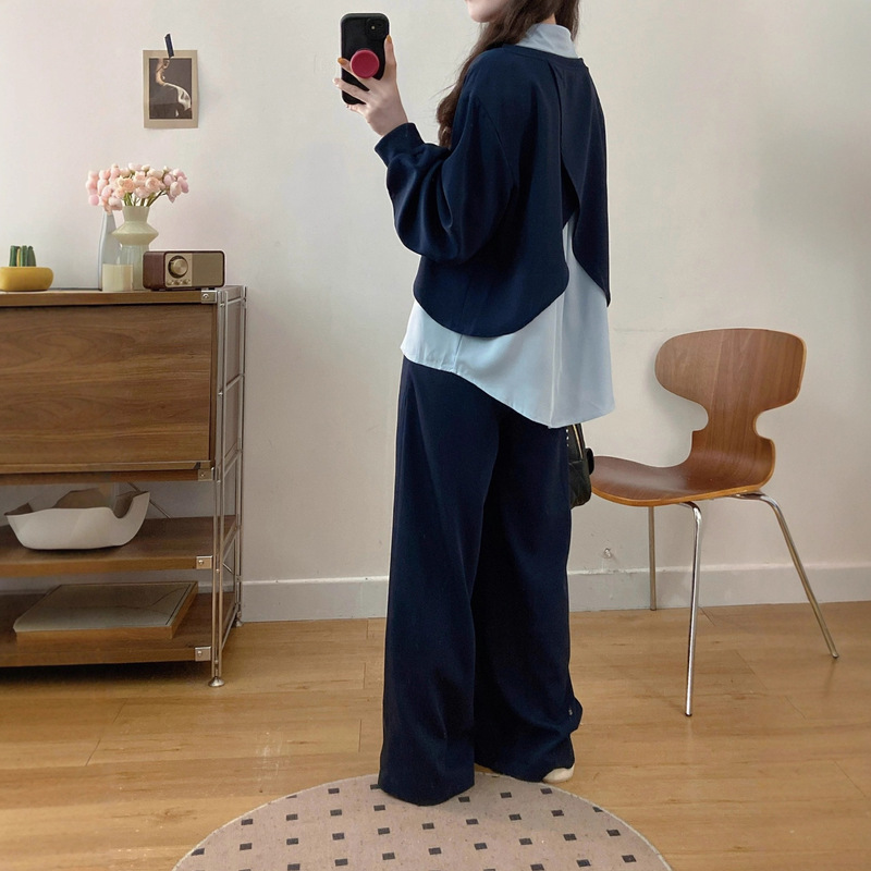 衬衫拼接假两件卫衣套装女2025秋季设计感时尚宽松阔腿裤两件套|undefined