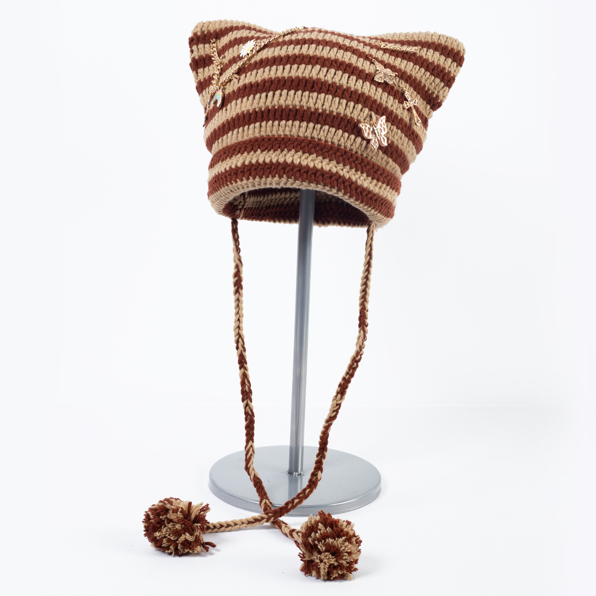 Süße kleine Teufel gestreifte gestrickte Wollmütze weibliche Herbst und Winter coole trendige Katzenohren süße Pullover kalte Mütze_voghion.com