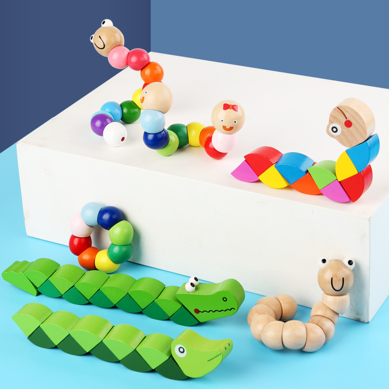 Factory wholesale colorful changeable twisted worm caterpillar animal doll wooden educational toy exercise finger flexible