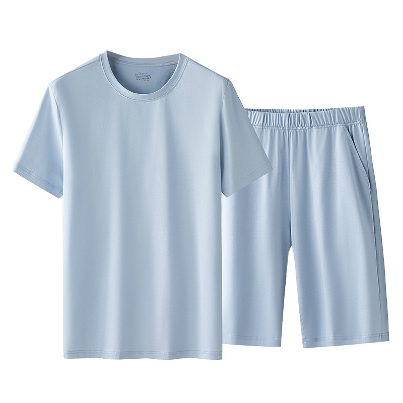 Conjunto de camiseta deportiva de algodón mercerizado para primavera y verano, pantalones cortos frescos de manga corta de talla grande para hombre, pijamas de talla grande adecuados para salir.