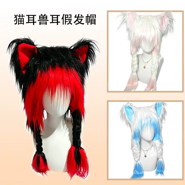 2D Cute Cat Ear Hat Y2K Anime Peripheral Ear Protection Hat, Versatile Plush Warm Hat for Autumn and Winter