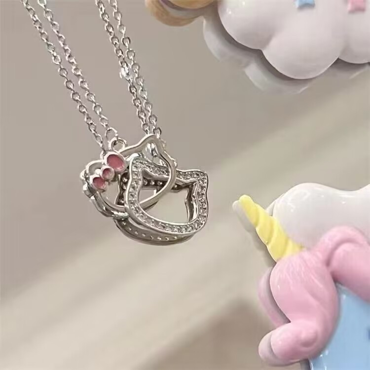 Kitten ring buckle necklace female Hello Kitty retro double kt pendant cartoon student couple girlfriends birthday