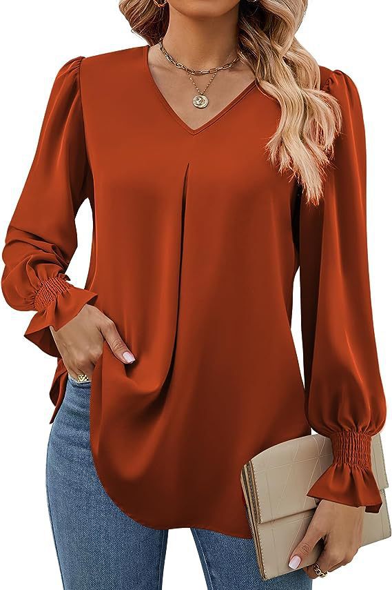 Las mujeres europeas y americanas transfronterizas de Amazon Otoño e Invierno nueva camisa de gasa sólida con cuello en V suéter camisa de manga larga de cuerno