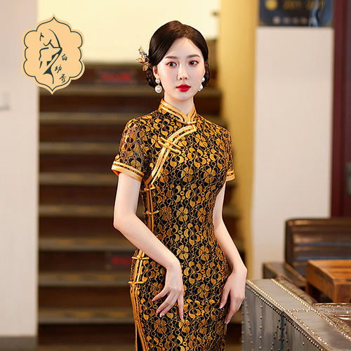 Retro Chinese Dress oriental Cheongsam for women ms yellow sexy Chinese dress lace collar evening dress with short sleeves outfit hollow out process