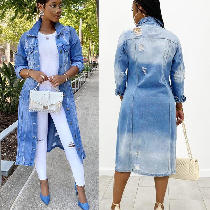 2026 Aliexpress Amazon Independent Site Autumn and Winter New Denim Long Trench Coat Ripped Denim Jacket for Women