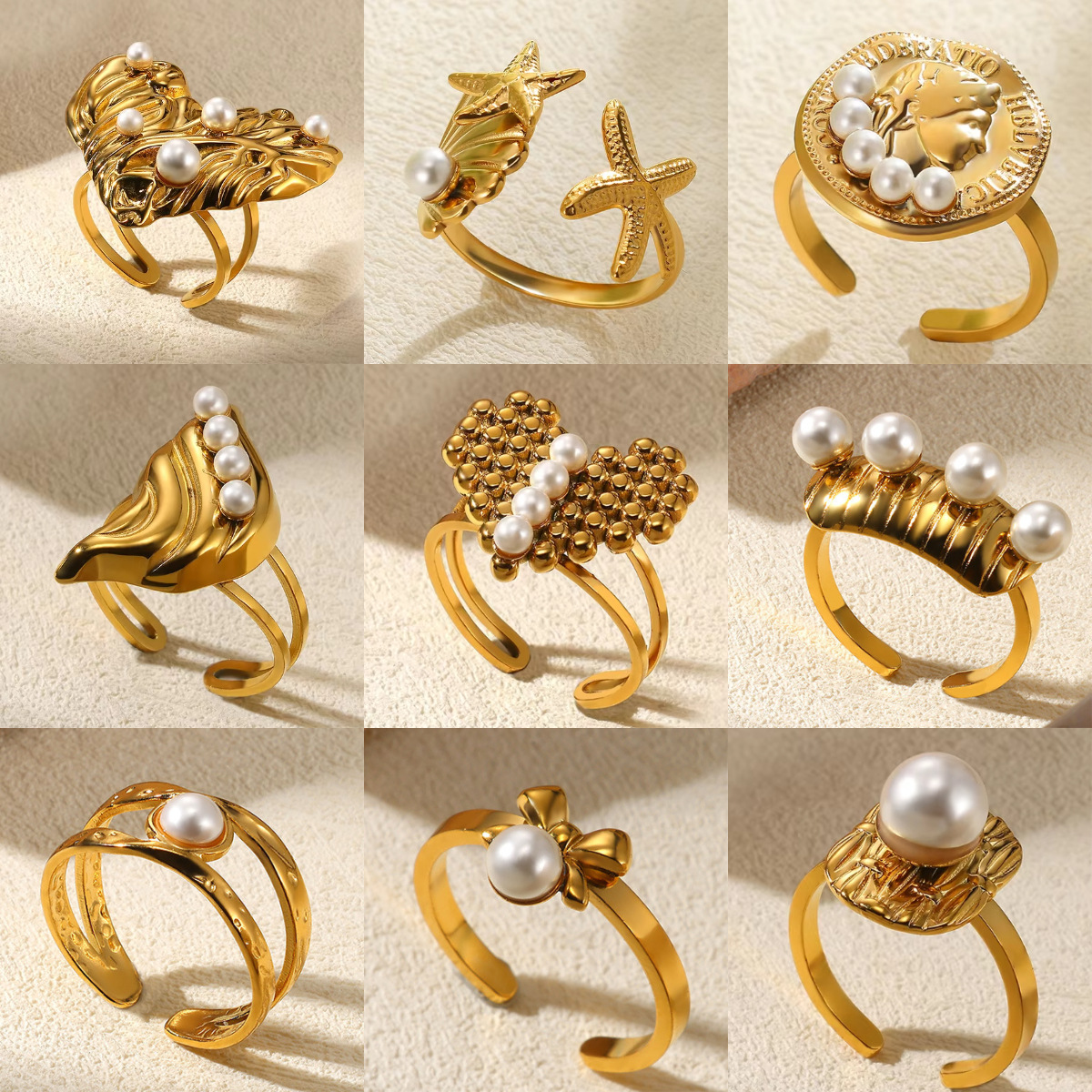 8g Weight PVD Coated Real Gold Plated Heart Shape Flower Bow Knot 304 Stainless Steel Imitation Pearl Vintage Style Waterproof Non Tarnish Open Rings