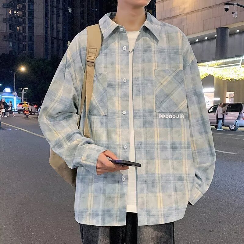 Plaid Long-Sleeved Shirt for Men Spring & Fall New Hong Kong Style Trendyy Loose Cardigan Work Jacket Japanese Style Casual Jacket for Men