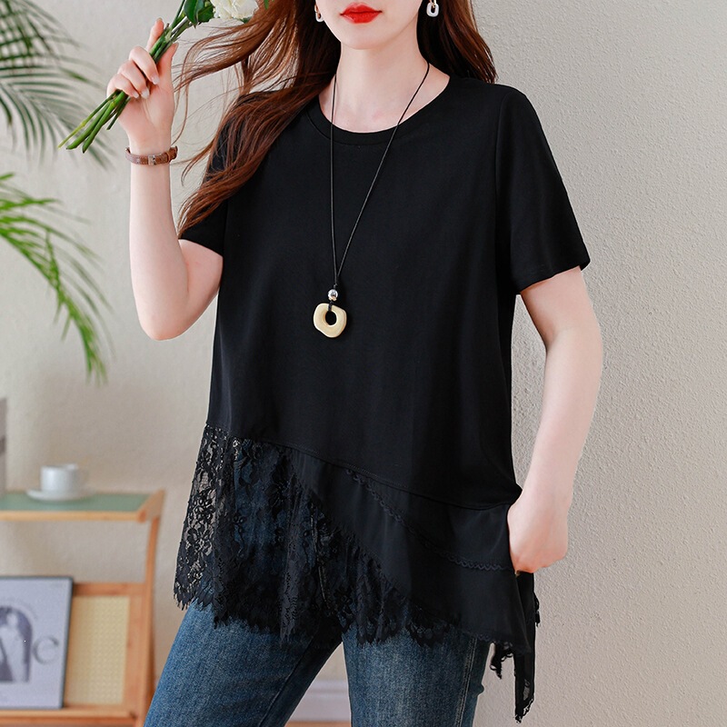 Plus Size Women's Summer New Style Shirt with Round Neck and Lace Splicing, Casual and Fashionable Loose Fit Top That Hides the Body Shape