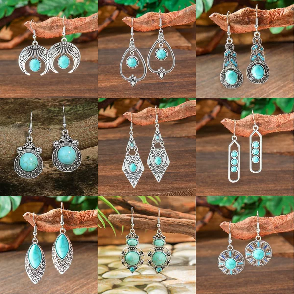 European and American Turquoise Earrings New Bohemian Tassel Earrings Geometric Alloy Retro Elegant Exaggerated Ear Jewelry