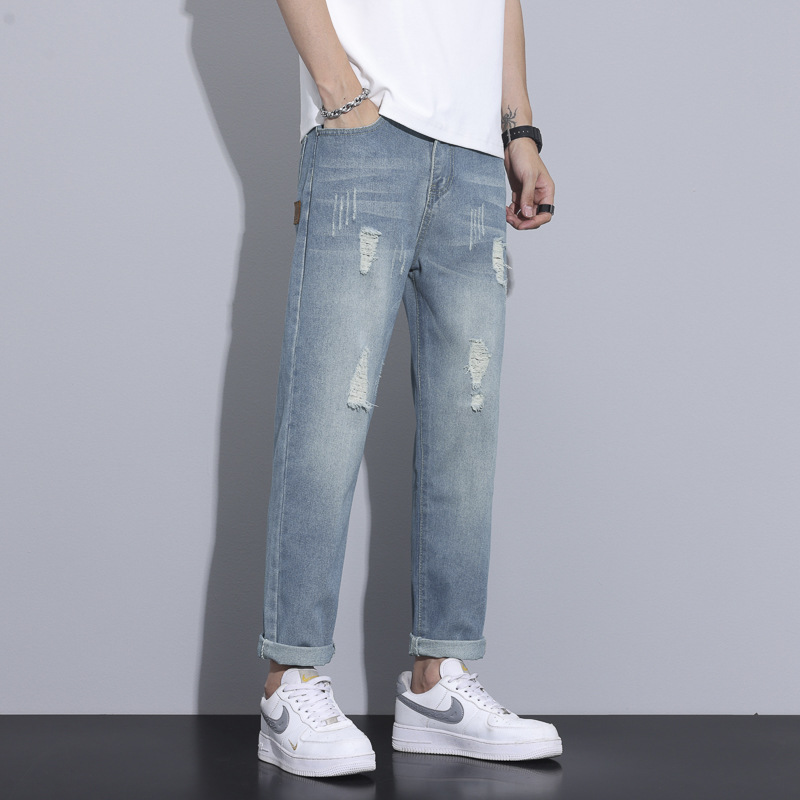 Spring and Summer New Arrival Nine-point Pants Men's Nine-point Pants Denim Explosions Retro Ice Oxygen Bar Trendy Brand Straight Ripped Jeans Men's
