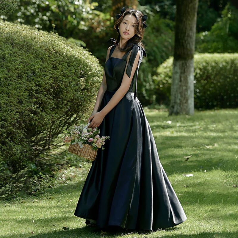 New black satin light wedding dress Hepburn style sling studio theme couple photo engagement card evening dress for women
