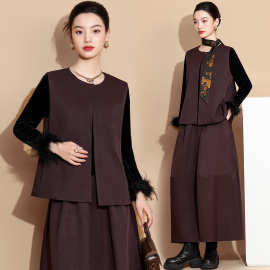 好质量中式圆领毛边长袖女打底搭配改良马甲国风半身裙领带三件套