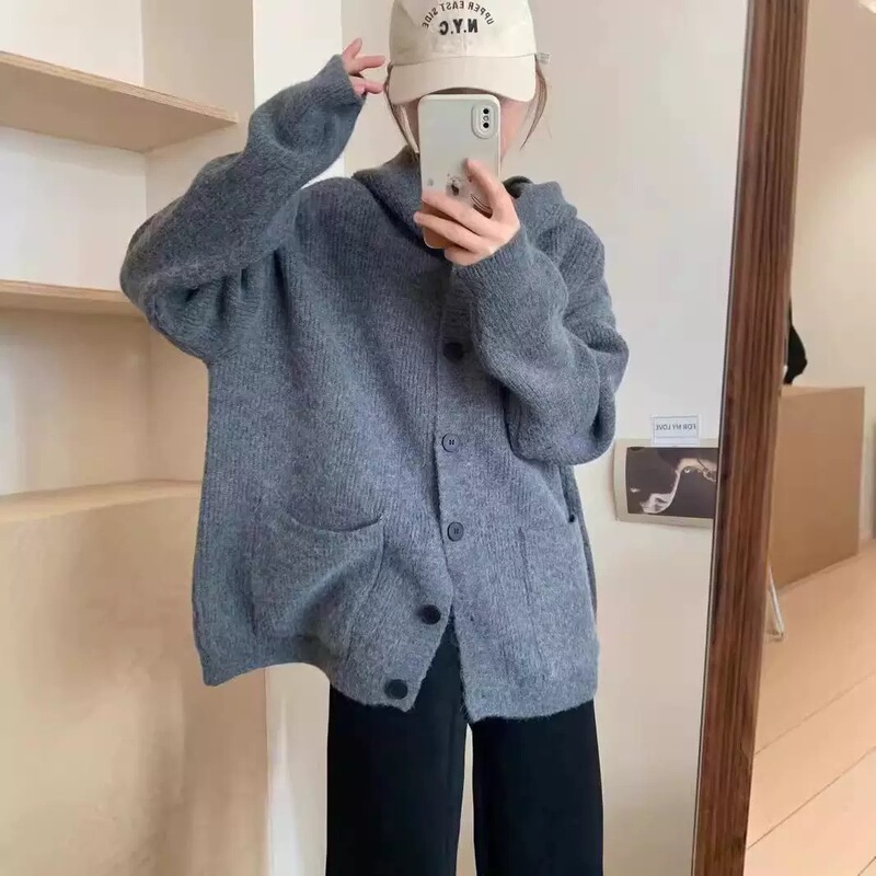 复古连帽中长款毛衣外套女秋冬款宽松软糯慵懒风加厚口袋针织开衫|undefined