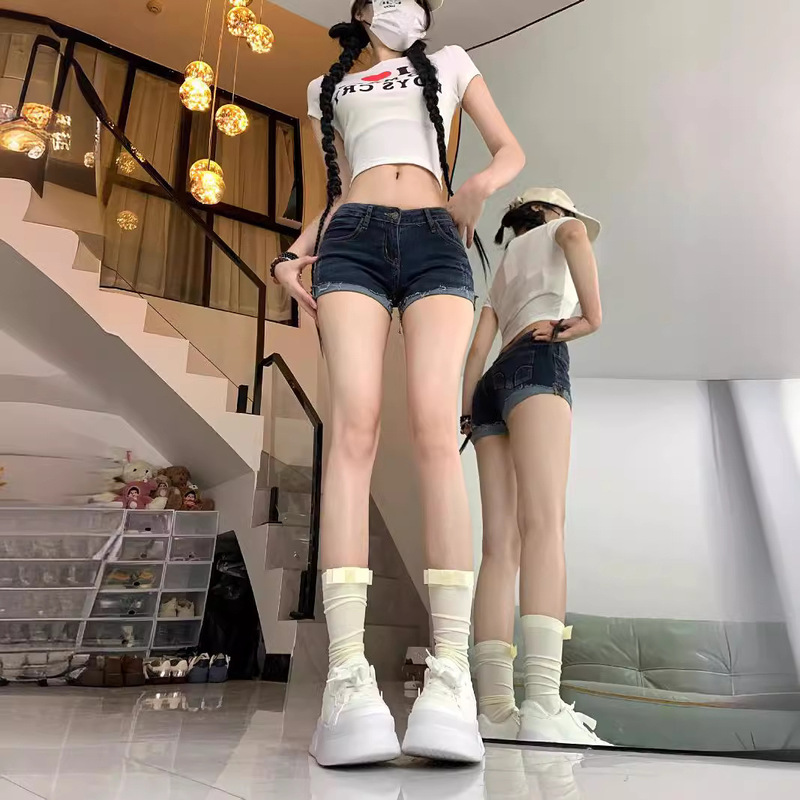 Summer plus size chubby girl Denim Shorts Women's Ultra-low Waist Exp-navel Elastic Tight Slimming Hip Millennium Hip Hot Pants