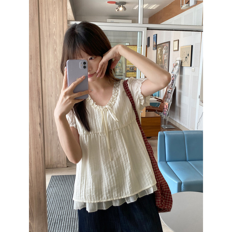 Self-Made Lyocell Lace-Trimmed Double-Layer Hem Blouse for Women, Vertical Stripe Texture Short-Sleeve Shirt Top