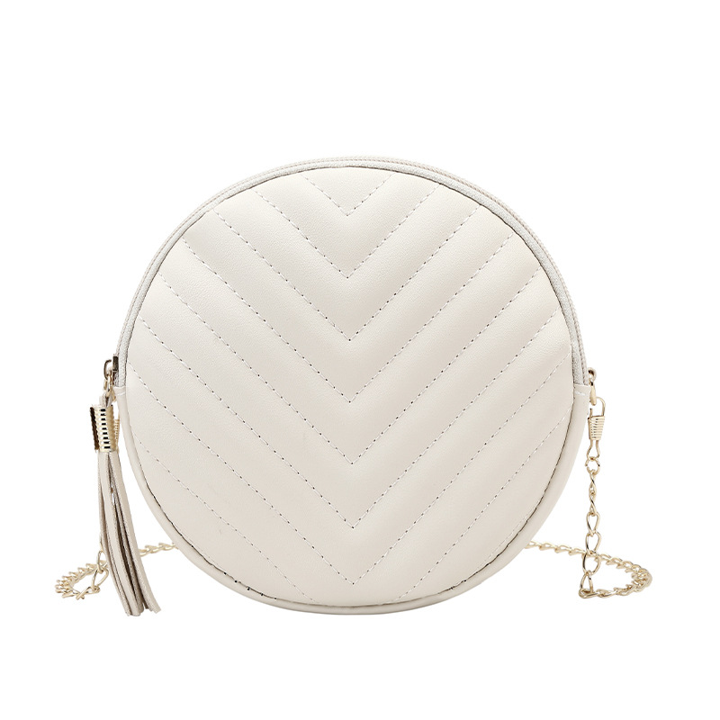 Bolso Redondo de Hombro Bordado para Mujer, PU, con Borla y Cadena, para Uso Diario