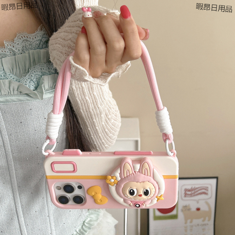 Cartoon Cute Camera For Apple Phone Case Soft Silicone Lanyard