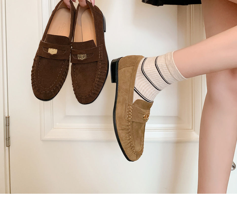 Giày lười nữ da bò nhăn nhúm phong cách retro, gót thô 6–8 cm, mũi tròn xỏ chân — Màu kaki, Màu nâu cà phê chi tiết 8