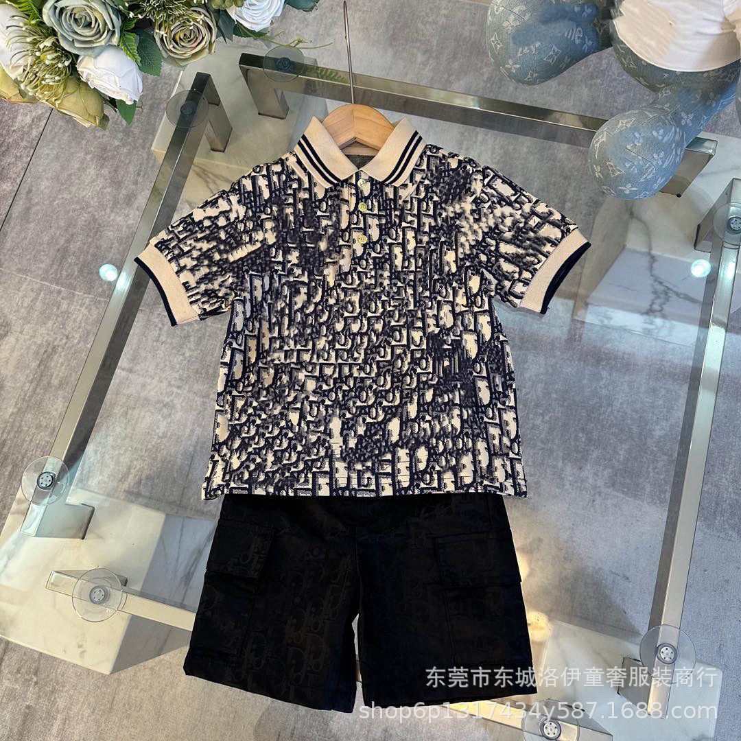 Brother and sister outfit 2025 summer new children's lapel short sleeve letter full print casual pants suit polo dress