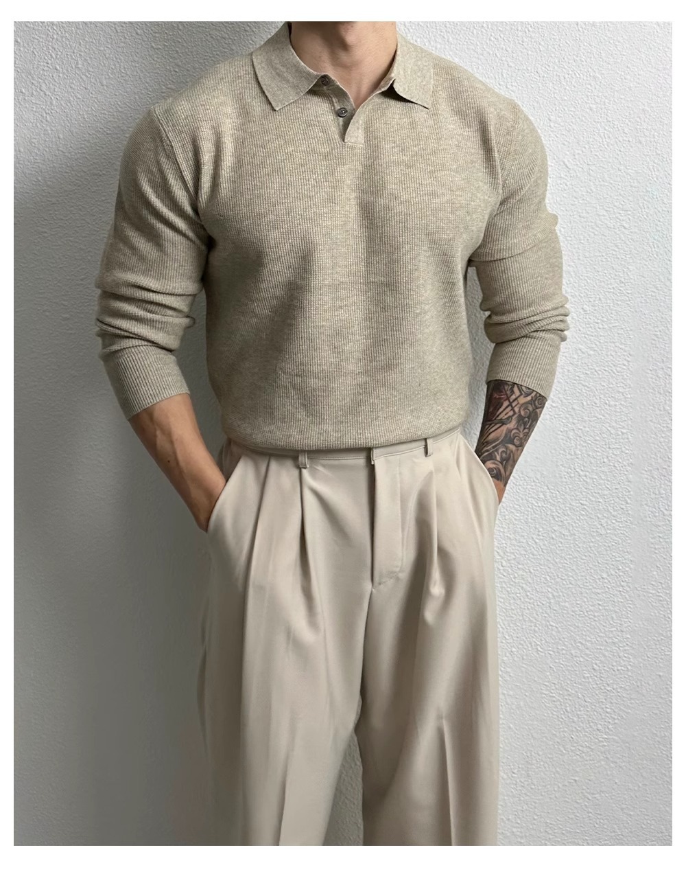 Oversized Polo Knit Sweater For Men – Business Casual Long Sleeve Pullover, Plus Size European Fit (Black/Beige/Gray)_viptrois.com