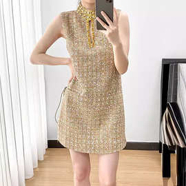 越南小众2026秋粗花呢连衣裙小礼服裙设计感重工钉珠轻奢女装1705