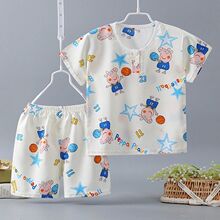 夏季宝宝棉绸儿童半袖人造棉套装女男童短袖空调服薄款绵绸睡衣