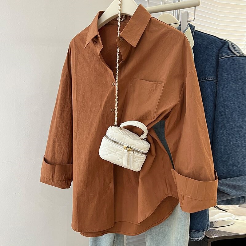 Wholesale spring and autumn caramel-colored women's shirts, suitable for layering, loose-fitting, versatile, slimming, long-sleeved, light luxury Korean-style tops