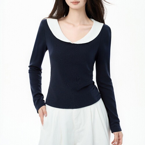 Navy blue doll-neck long-sleeve top autumn slim upright shoulder large neckline T-shirt with base inside