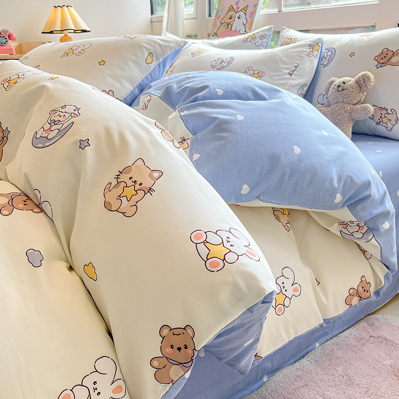 Cama de algodón cuatro piezas de sábanas de algodón cubierta dormitorio único pequeño fresco tres piezas de Nantong ropa de cama al por mayor