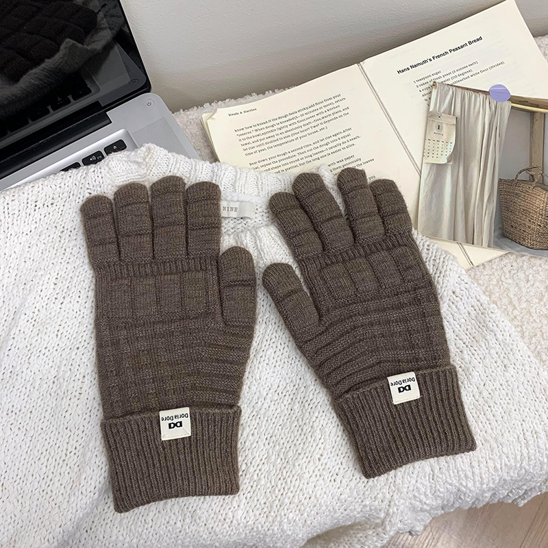 Guantes de punto de invierno nuevos guantes de montar de cinco dedos de color sólido de waffle caliente coreano