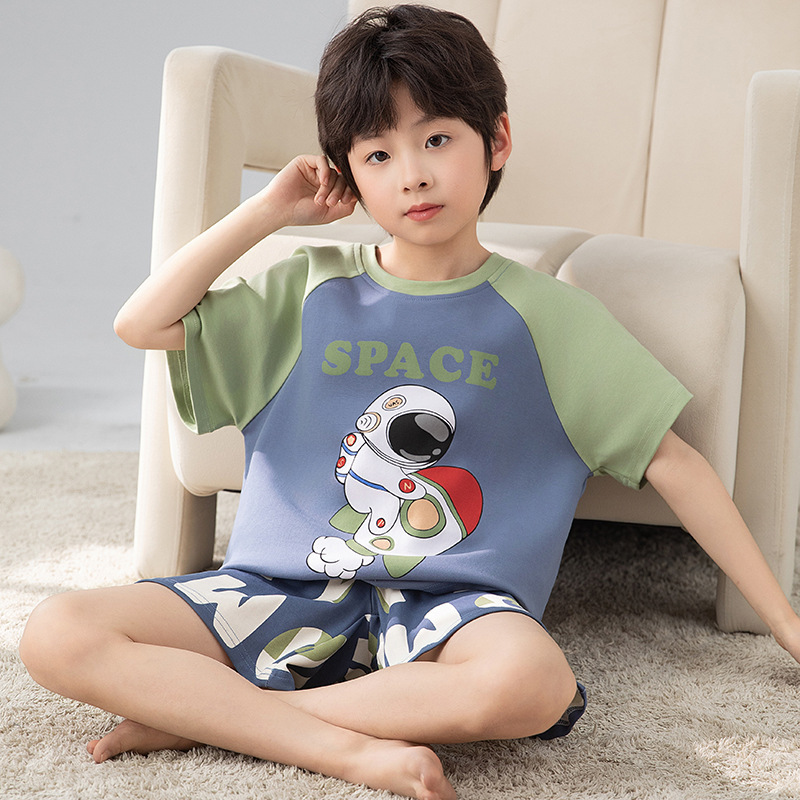 Boys' Thin Short-Sleeved Pajamas Little Boy Baby Pure Cotton Suit Summer Middle and Large Children Astronaut Loose Home Clothes