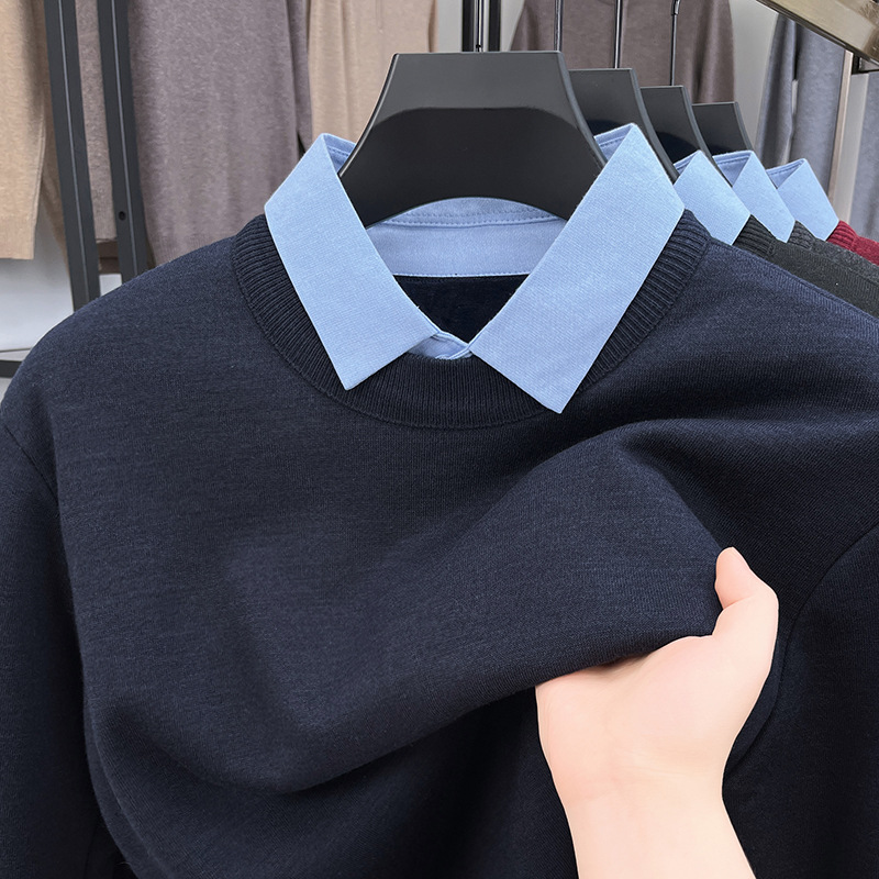 New Fake Two-Piece Sweater for Men, Velvet Winter Casual Thickened Business Shirt, Base Warm Sweater