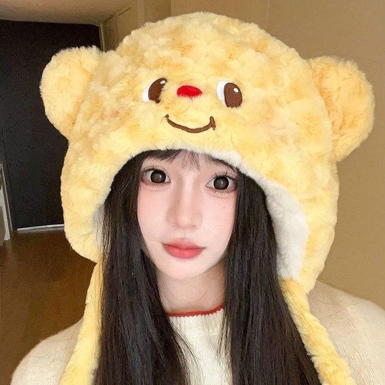 卡通可爱黄油小熊显脸小毛绒帽女秋冬季保暖防寒小熊帽护耳雷锋帽|undefined