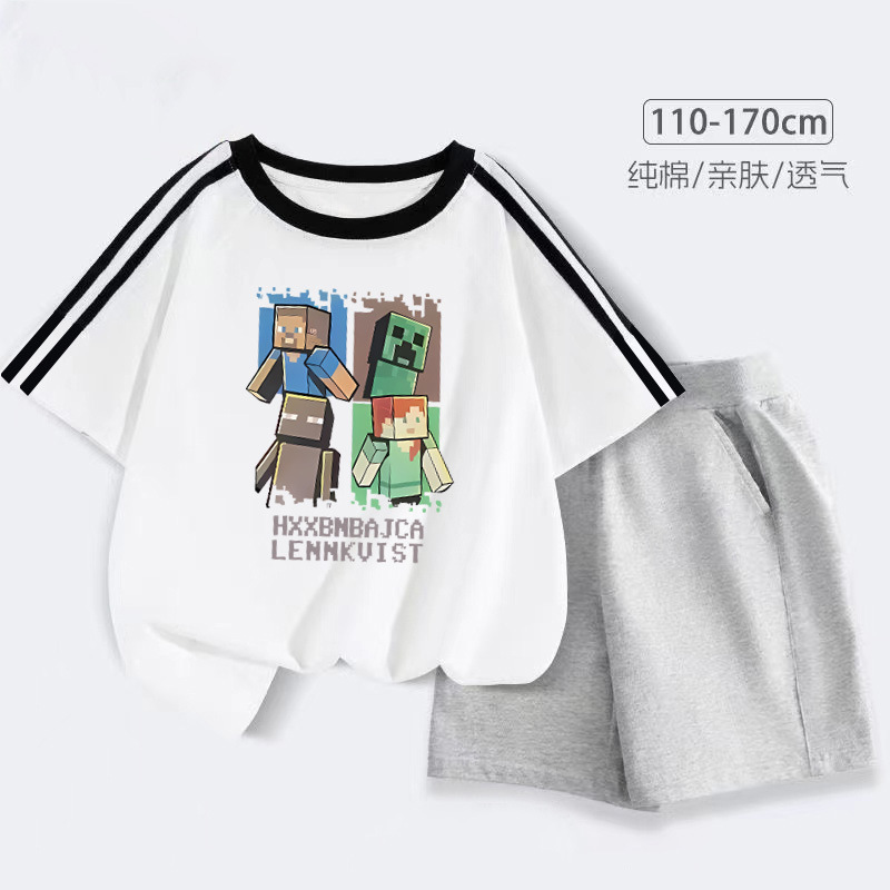 Children's Cotton Three Bars Short-sleeved Shorts 2025 Summer Cartoon Letter Printed American Style Handsome T-Shirt Children's Cotton Three Bars Short-sleeved Shorts 2025 Summer Cartoon Letter Printed American Style Handsome T-Shirt