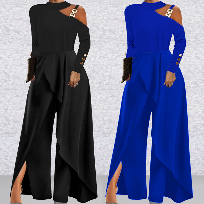 ON01404 en stock transfronterizo 2023 nuevo color sólido manga larga fuera del hombro elegante Fiesta de las mujeres mono de pierna ancha