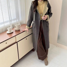 抽绳连帽单排扣落肩袖翻盖大口袋加长款双面尼羊毛大衣毛呢外套女