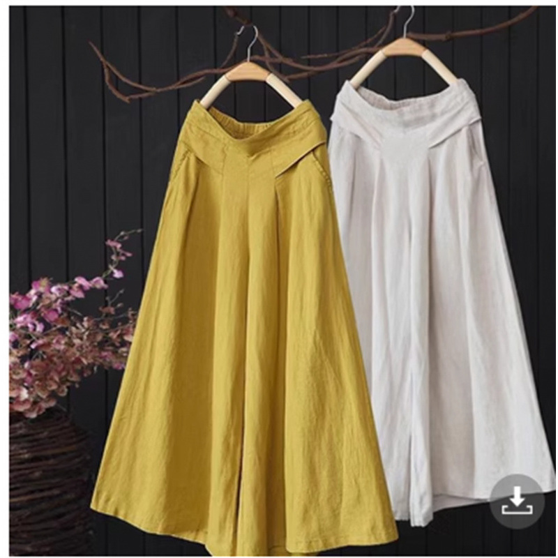 Loose-Fitting Artistic Cotton-Linen Wide-Leg Skirt Pants for Women, 2026 Summer Semi-Elastic High-Waisted Casual Slimming Cropped Pants