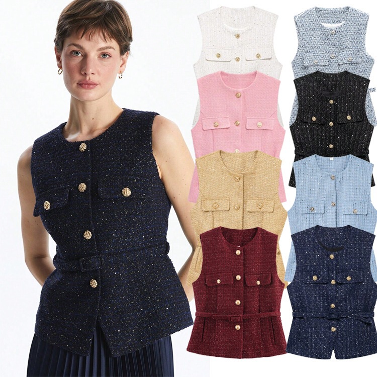 New Spring Fashion Casual Versatile European and American Style Women's Vest with Metal Buckle Decoration, Belt, and Punk Texture Round Neck New Spring Fashion Casual Versatile European and American Style Women's Vest with Metal Buckle Decoration, Belt, and Punk Texture Round Neck