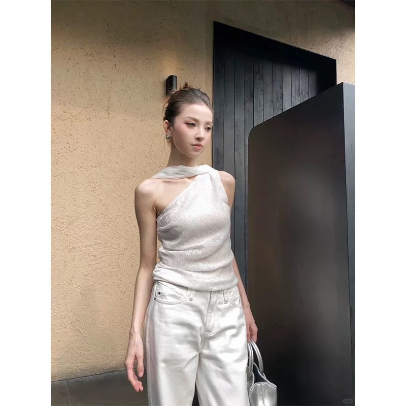 미니멀 스타일의 패셔너블한 디자인 리본 슬로프 숄더 조끼 탑 여름 하이웨이스트 스트레이트 캐주얼 바지 슈트