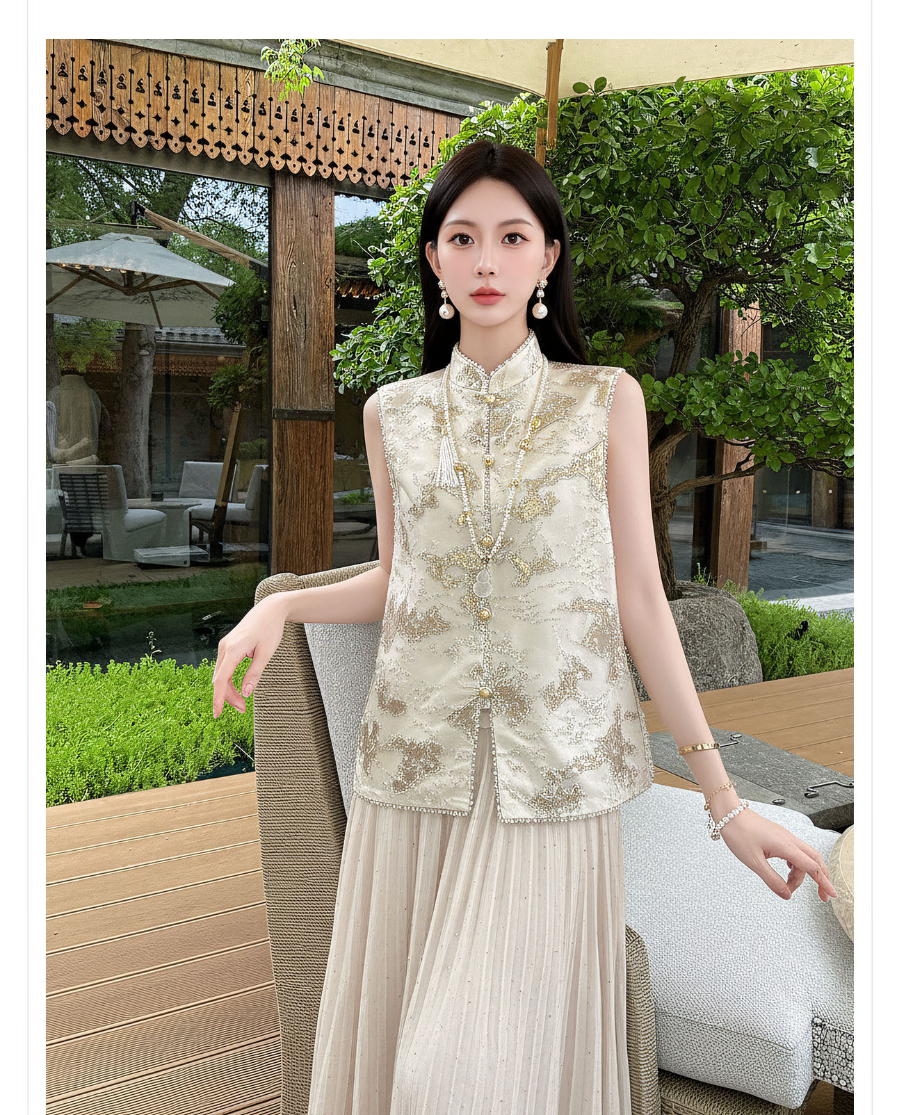 Áo gile hai dây nữ phong cách tân cổ điển cổ đứng thiết kế cao cấp — Vàng hồng chi tiết 9