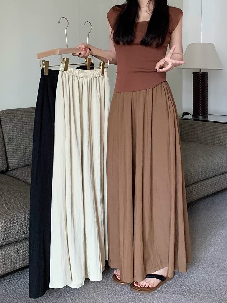 Textured casual trousers for women new retro high waist slim design solid color wide leg skirt pants_voghion.com