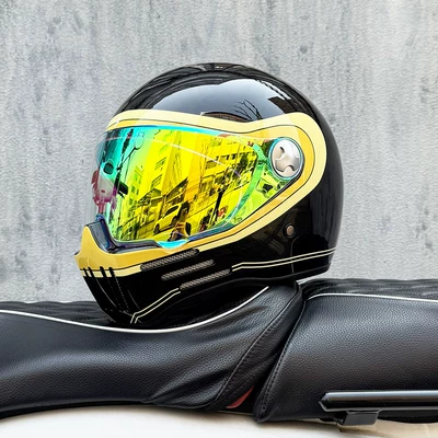 Motosiklet kaskı (dəbilqə) — Rider, with Bluetooth Slot - bright-black-track-with-colorful-gold-and-purple-night-vision-available-transparent-mirror-included-m