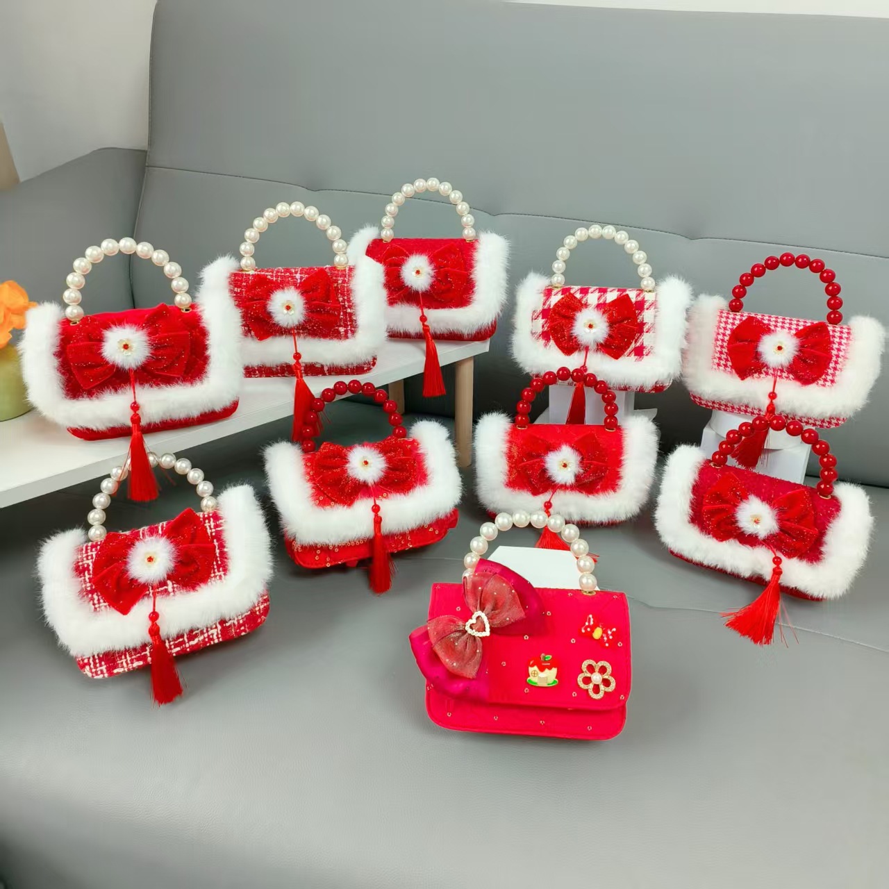 Bolso de la princesa portátil de perlas de Año Nuevo gran rojo para niños bolso de Año Nuevo bolso de chicas bolso de cadena pequeña bolsa de accesorios de viento fragante