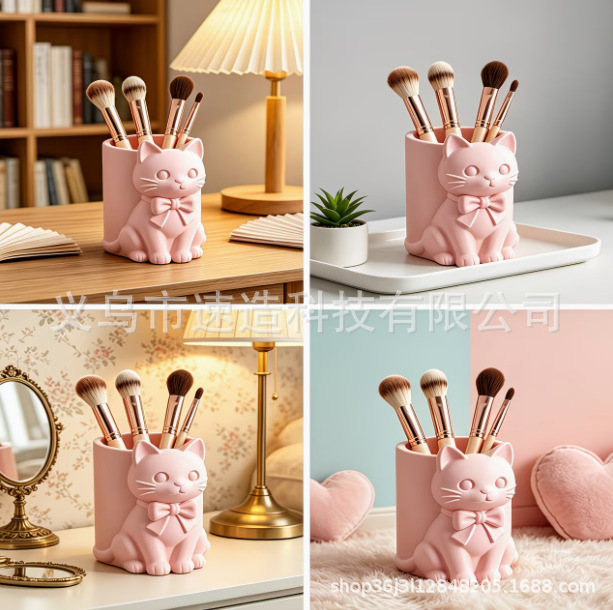 Cute 3D Printed Bow Cat Storage Box, Multifunctional Desktop Pen Holder, Brush Organizer, Makeup Brush Organizer